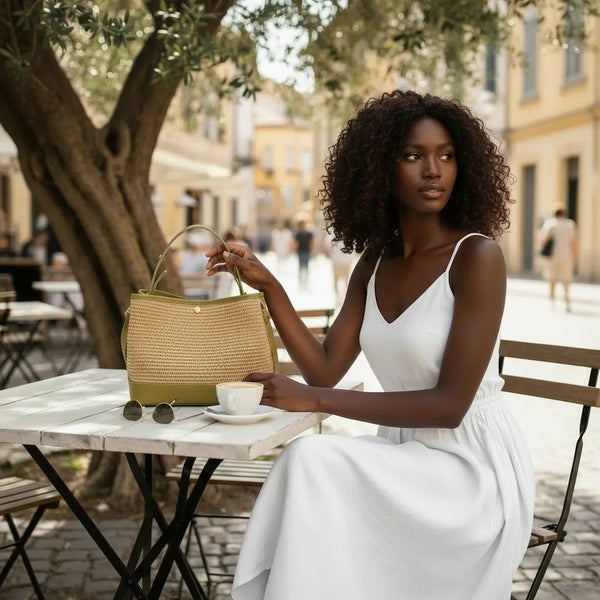 THE PAULI RAFFIA AND LEATHER HANDBAG thebagicon