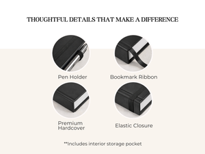 Notebook features include pen holder, bookmark ribbon, premium hardcover, and elastic closure