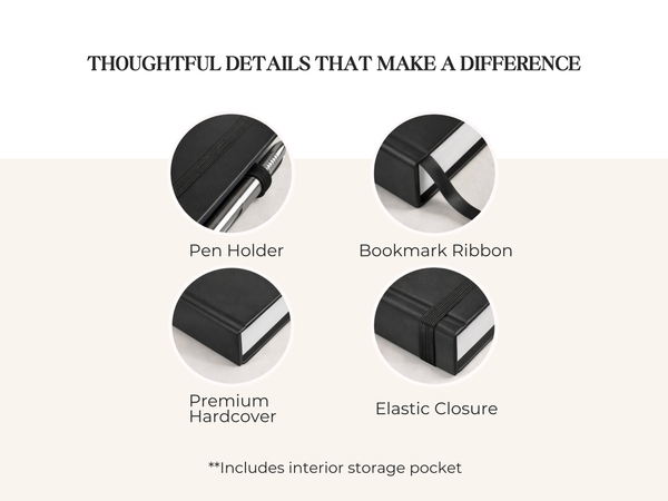 Notebook features include pen holder, bookmark ribbon, premium hardcover, and elastic closure