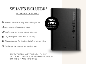 Medical planner alongside text detailing features like tracking appointments, symptoms, and emergencies.