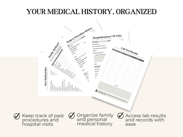 Sheets labeled Surgery History, Hospitalizations, Lab Results, and Family Medical History for organizing medical records.