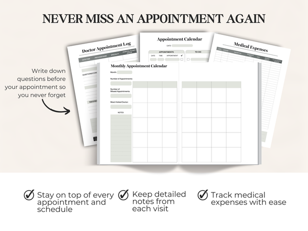 Monthly appointment planner image showing various templates for doctor logs, calendar, and medical expenses.