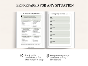Open book with "My Hospital Go-Bag Checklist" and "Emergency Contact List" on facing pages.