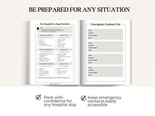 Open book with "My Hospital Go-Bag Checklist" and "Emergency Contact List" on facing pages.