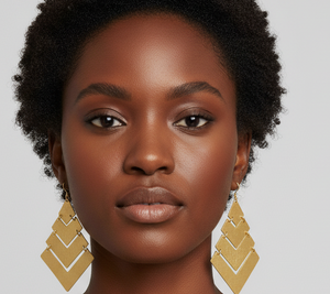 Woman wearing gold earrings against a gray background