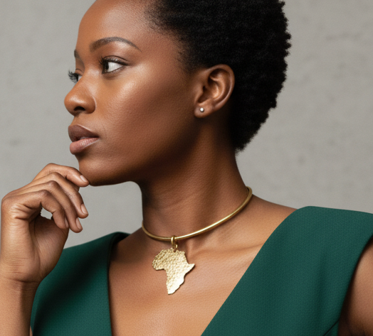 Woman wearing a gold necklace with an African map pendant against a neutral background