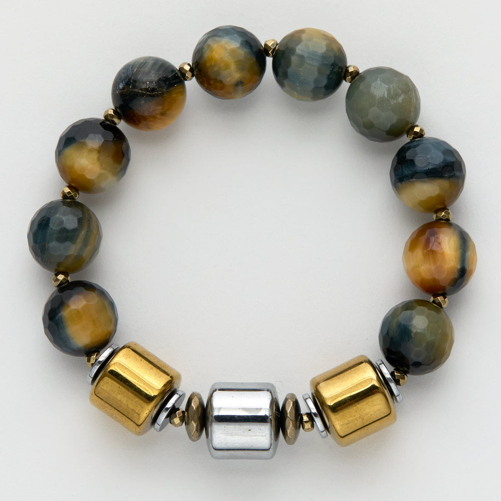 Bracelet with brown and gold beads on a white background