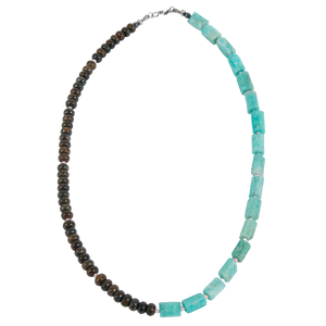 Necklace with alternating brown and turquoise beads on a white background