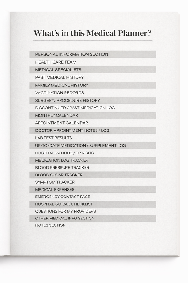 An open medical planner displaying a list of sections, including personal information, medical specialists, appointment calendars, and trackers for medication, blood pressure, and symptoms.