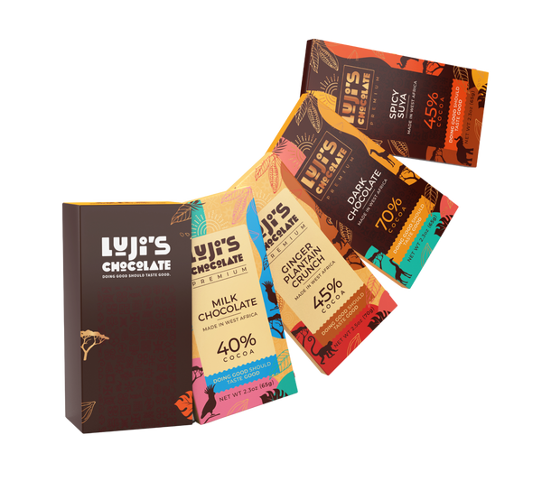 An array of Luji's Chocolate bars laid out diagonally, showcasing vibrant wrappers with African-inspired patterns for flavors including Dark Chocolate, Milk Chocolate, Ginger Plantain Crunch, and Spicy Suya