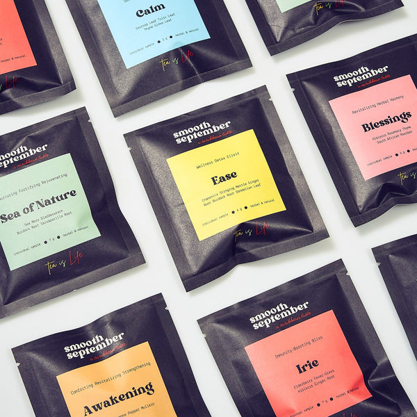 An up-close view of the individual herbal tea sachets in the Smooth September sampler pack by Sample Collection, highlighting the Herbal Tea Variety Pack: 7 Caffeine-Free Wellness Blends, a perfect option for pre-order as a tea sample pack.