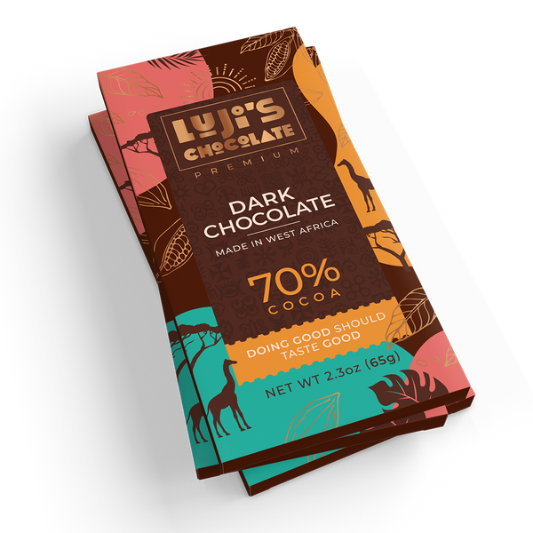 A Luji's Chocolate dark chocolate bar wrapper with a bold brown and teal color scheme, featuring a giraffe silhouette, cocoa pod illustrations, and text stating '70% Cocoa, Made in West Africa, Doing Good Should Taste Good.'