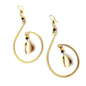 Pair of gold hoop earrings with shell pendants on a white background
