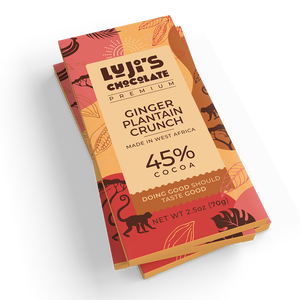 A Luji's Chocolate ginger plantain crunch bar wrapper, vibrant with red and orange hues, showcasing monkey and leaf graphics, and the text '45% Cocoa, Made in West Africa, Doing Good Should Taste Good.'