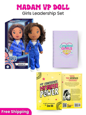 MADAM VP Doll Girls Leadership Set with doll, notebook, and book on a white background