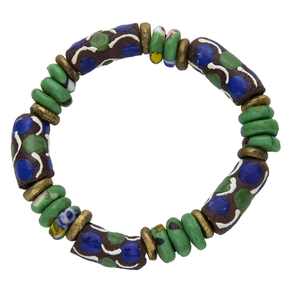 Colorful beaded bracelet with green, blue, and brown beads on a white background