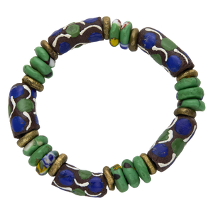 Colorful beaded bracelet with a mix of green, blue, and gold beads on a white background
