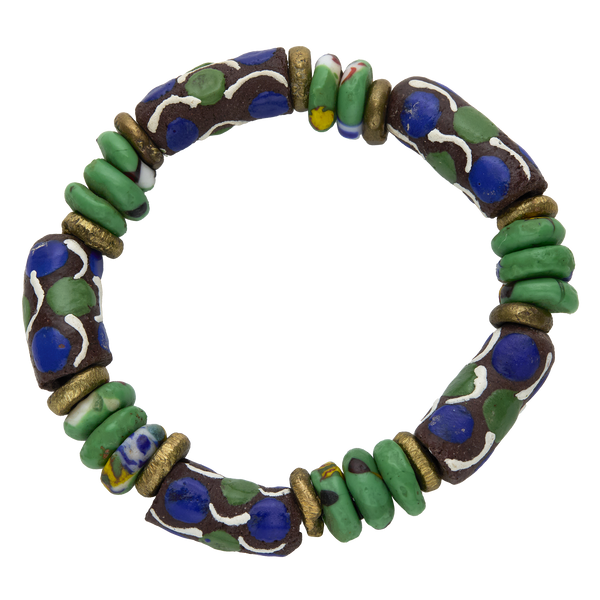 Colorful beaded bracelet with a mix of green, blue, and gold beads on a white background