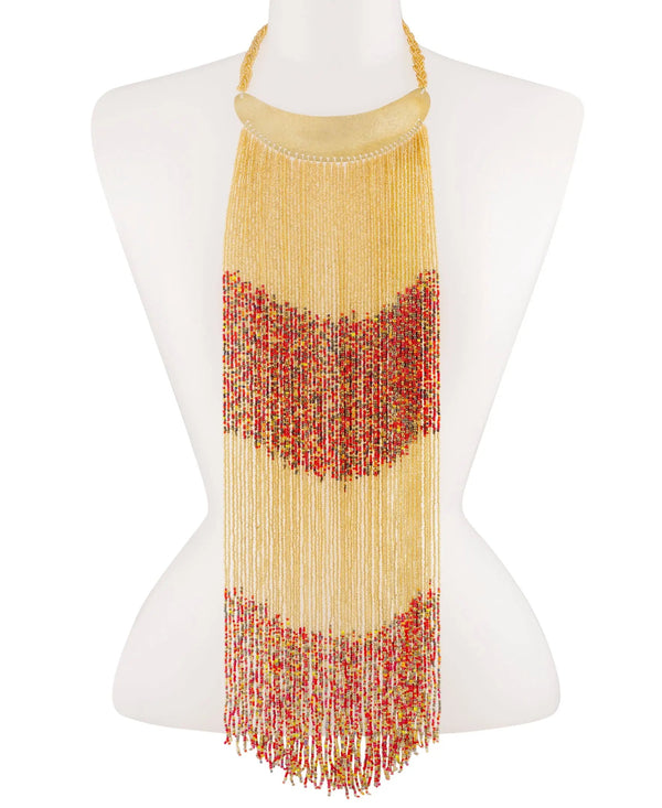  A Maasai long beaded statement necklace with a brass collar, showcasing the necklace's vibrant colors and intricate design.