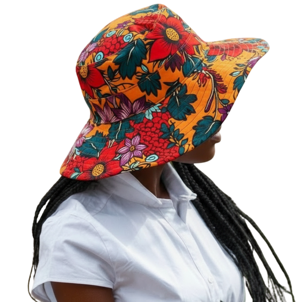 Colorful floral bucket hat worn by a person on a white background