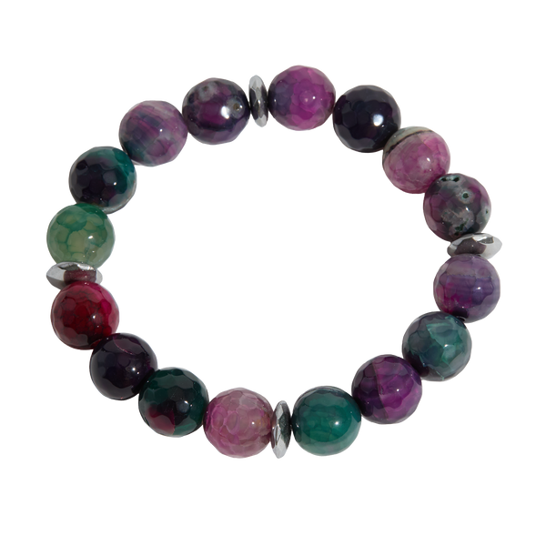 Multicolored gemstone beaded bracelet on a white background