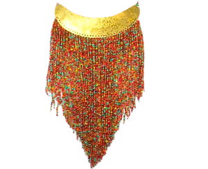 A multicolored beaded necklace with gold accents.