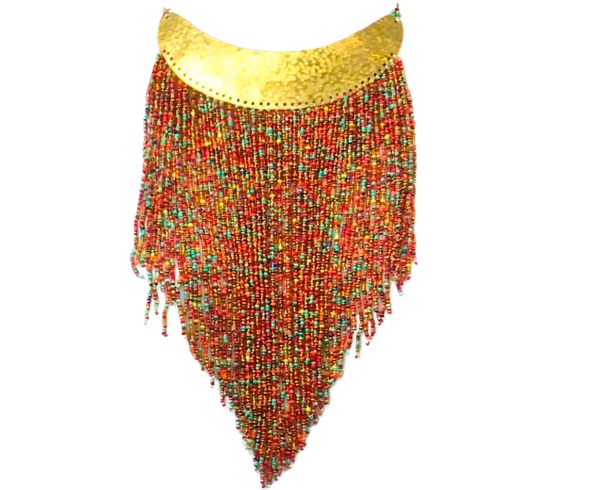 A multicolored beaded necklace with gold accents.