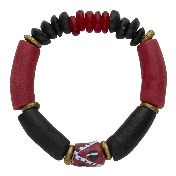 Bracelet with red and black beads on a white background