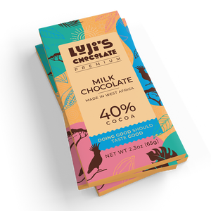 A Luji's Chocolate milk chocolate bar wrapper, with a colorful teal and pink palette, depicting a leaping gazelle, and announcing '40% Cocoa, Made in West Africa, Doing Good Should Taste Good.'