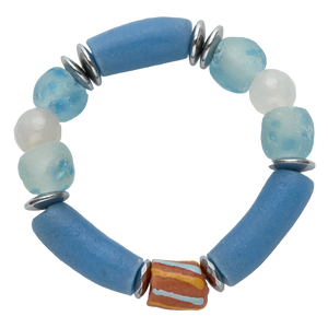 Blue and white beaded bracelet with a orange and blue striped accent bead on a white background