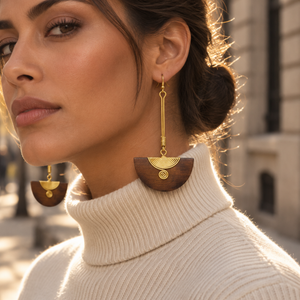 Pinduli Handmade Brass & Wood Drop Earrings – Elegant Statement Design