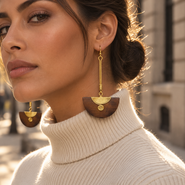 Pinduli Handmade Brass & Wood Drop Earrings – Elegant Statement Design