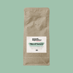Brown paper resealable pouch labeled “Smooth September – Sea of Nature,” a nourishing herbal tea made with sarsaparilla, sea moss, bladderwrack, and burdock root. The label features a green brushstroke design on a muted green background.