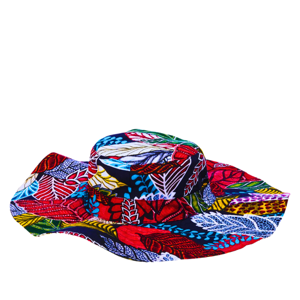A colorfully patterned multicolored sun hat on transparent background.