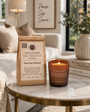 Coffee Candle and specialty grade coffee package on a marble table in a cozy living room.