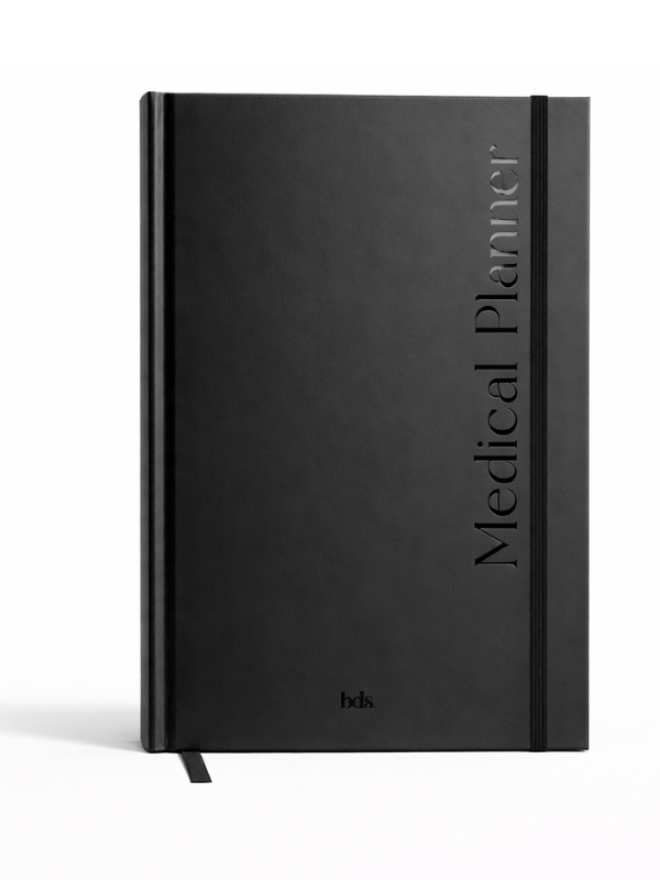 Black hardcover journal titled "Medical Planner" with a vertical elastic band closure. Features a sleek, minimalist design and a ribbon bookmark.