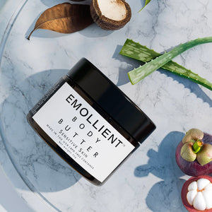 close-up of Emollient body butter for sensitive, dry skin hydration