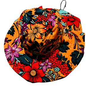 A colorfully patterned sun hat on a white background