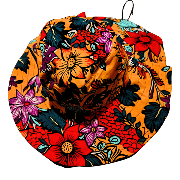 A colorfully patterned sun hat on a white background