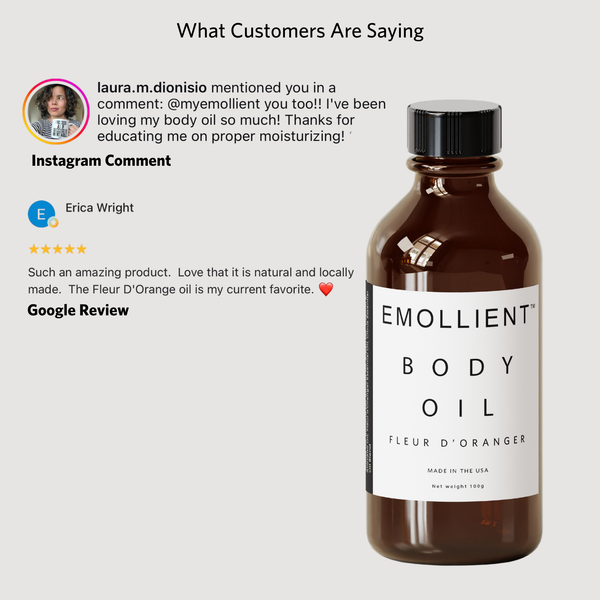 Customer testimonials praising My Emollient Fleur d’Oranger Body Oil as a natural, locally made favorite.