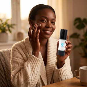 Black woman applying Chamomile & Oat Deep Hydration Cream to her cheek in warm evening light