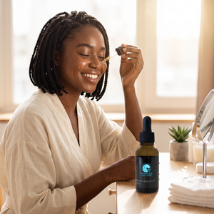 Black woman with braids applying Hyaluronic Acid Deep Hydration Serum in morning sunlight