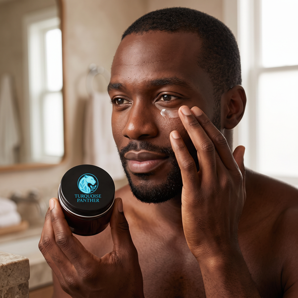 Black man dabbing Vitamin C Brightening Under Eye Cream under his eye with his ring finger