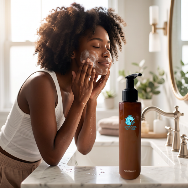 Black woman washing her face with Kale & Spinach Daily Face Cleanser at a bright bathroom sink