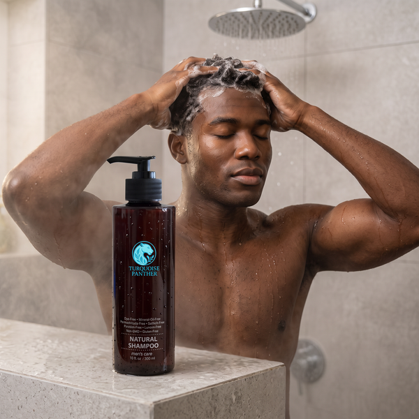 Black man with textured hair lathering Botanical Scalp & Hair Wash in the shower