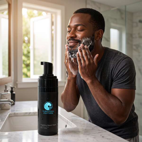 Black man lathering Aloe & Dead Sea Salt Beard Wash through his beard at a bathroom sink