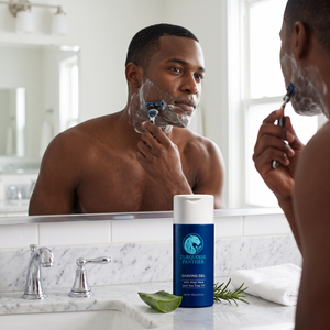 Black man mid-shave with Aloe & Tea Tree Shaving Gel lather on his jaw and razor in hand