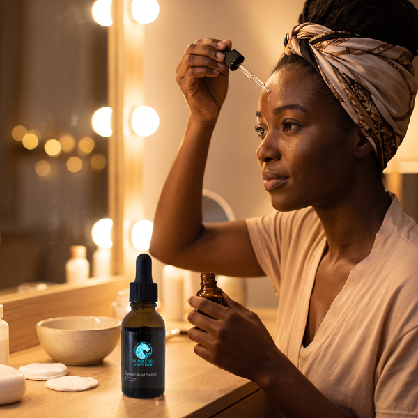 Black woman doing her evening routine with 10% Glycolic Acid Exfoliating Serum at a lit vanity