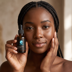 Black woman holding Niacinamide Dark Spot Correcting Serum beside her smooth even-toned skin