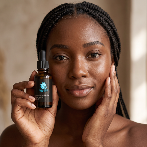 Black woman holding Niacinamide Dark Spot Correcting Serum beside her smooth even-toned skin